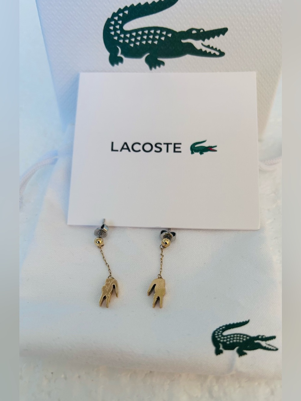 Lacoste Gold Tone Crocodile Drop Earrings Unisex
